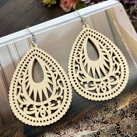 Beige Casual Retro Simple Style Water Droplets Stoving Wood Drop Earrings Boho - Picture 1 of 16